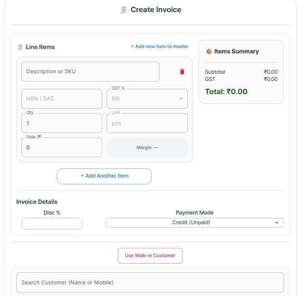 Fast invoice creation